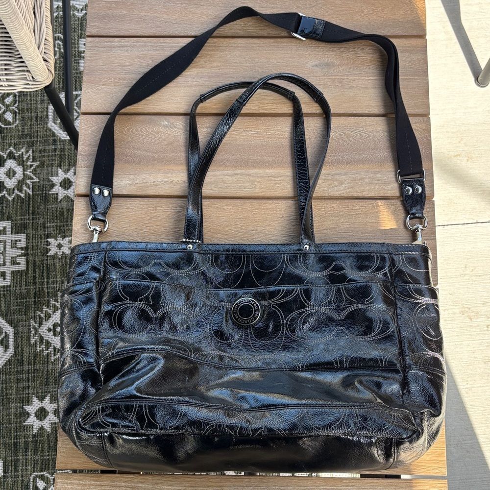 Coach Signature stitched Black patient leather diaper Bag purse laptop carrier